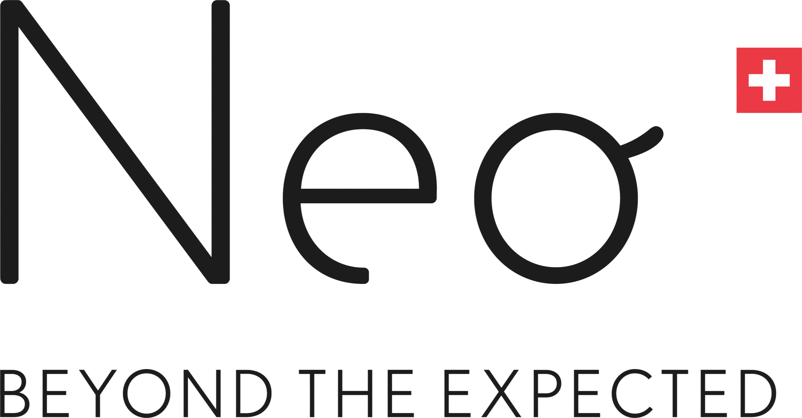 Neo logo with black lettering, a red square with a black cross, and the slogan Beyond the Expected.