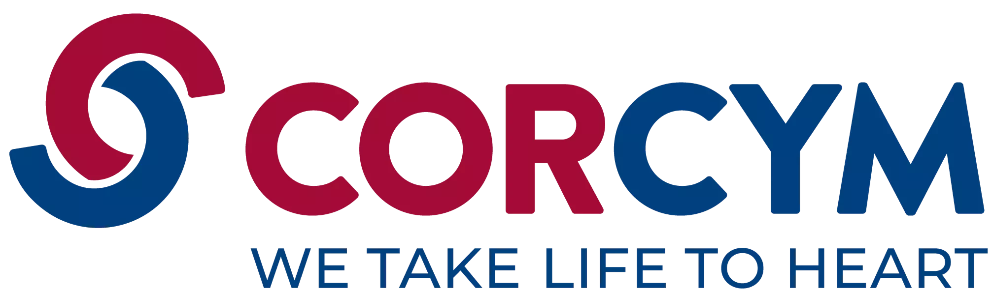 Corcym logo with two interlocking red and blue arcs, the word CORCYM in red and blue capital letters, and the slogan We take life to heart.